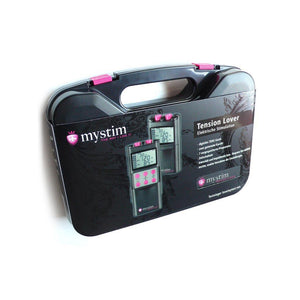 The black plastic case for the Mystim Tension Lover is displayed against a blank background.