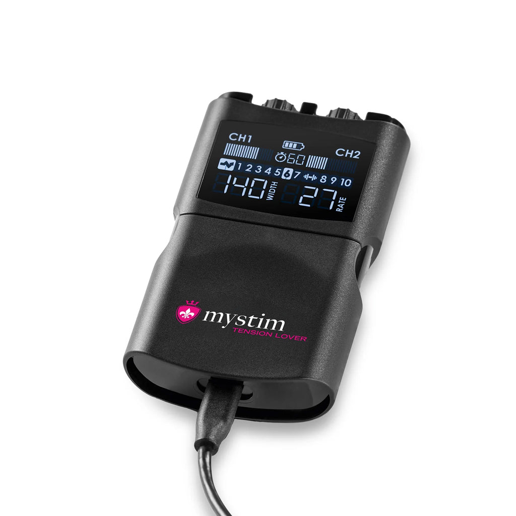 The mystim tension lover is shown on a white background with the charger plugged into the port located at the bottom of the device.