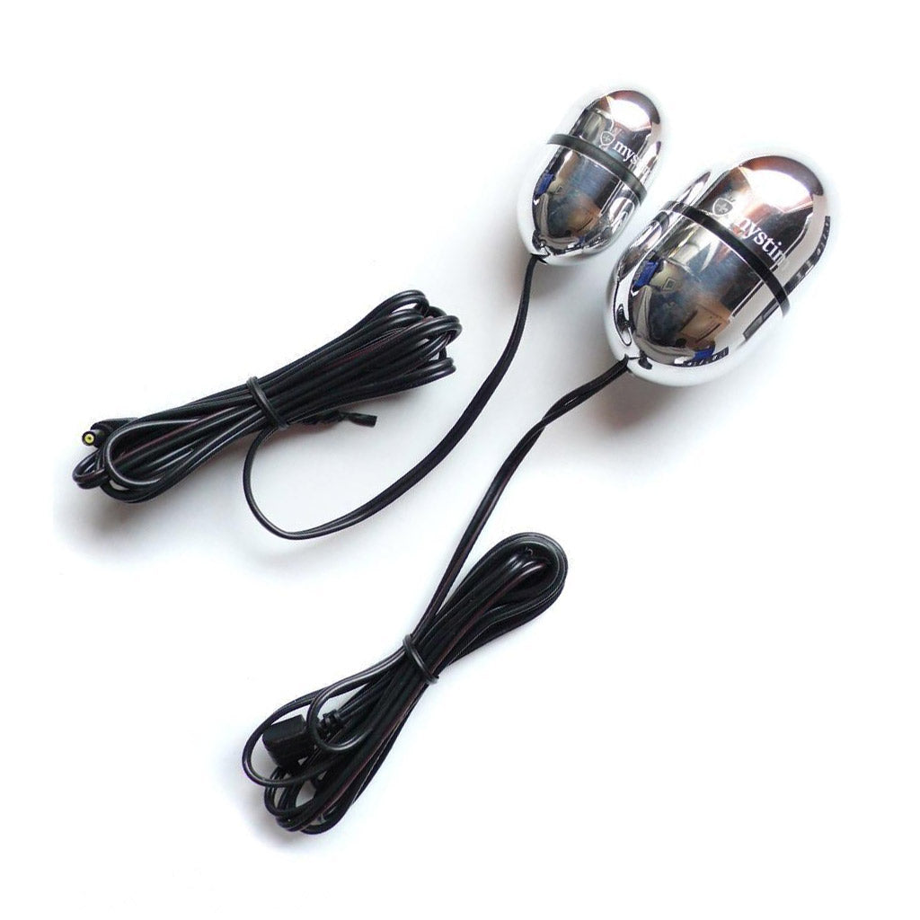 A small and large Mystim Egg-Cellent Egon are displayed next to each other against a blank background. They are silver alumnium eggs with a long black cord connected to the bottom.