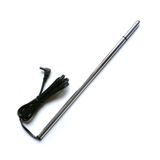 The Mystim Thin Finn Urethral Sound, a thin rod made of silver aluminum with a cord at the base, is displayed against a blank background.
