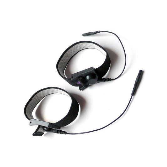 The penis and testicle belts from Mystim Charming Chuck are displayed against a blank background. They are loops of black electroconductive fiber with grey lining. 