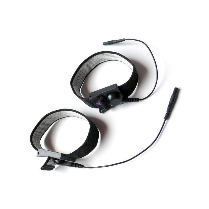 The penis and testicle belts from Mystim Charming Chuck are displayed against a blank background. They are loops of black electroconductive fiber with grey lining. 