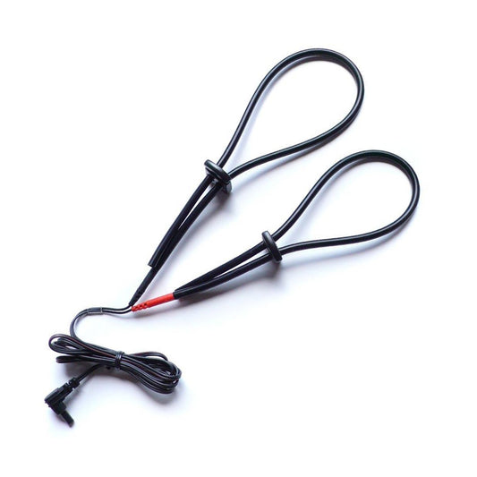 The penis and testicle belts from the Mystim Rodeo Robin are displayed against a blank background. They are loops made of black silicone with an adjustable choke.