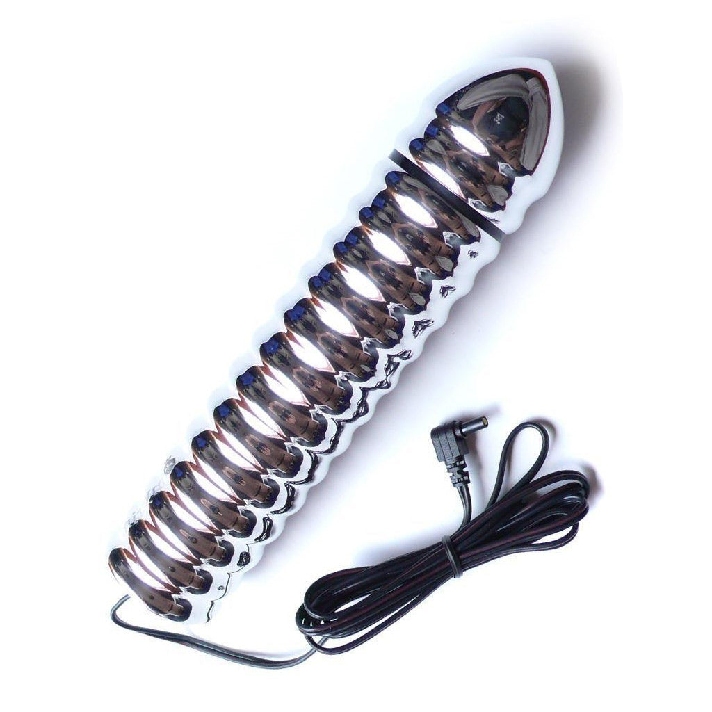 The Mystim Groovey George Rilldildo is displayed against a blank background. It is a long, silver aluminum dildo with many ridges and a black cord coming out of the bottom.
