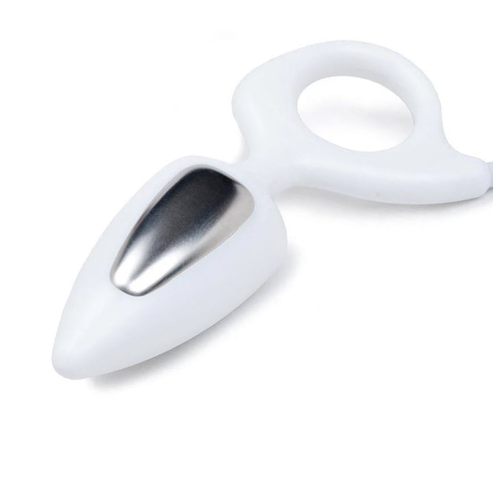 The Mystim Romeo Vaginal/Anal Probe is displayed against a blank background. It is a white conical tapered plug with a ring handle base.
