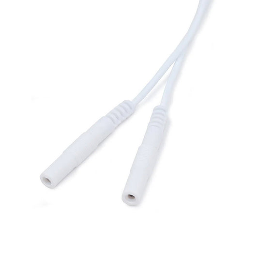 The white cords for the Mystim Romeo Vaginal/Anal Probe are displayed against a blank background. 