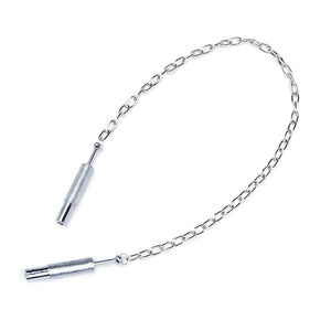  The Extreme Talon Nipple Clamps are shown against a blank background with their claws retracted. The clamps are silver metal cylinders with a small rod at the bottom that can be pushed to expose the claws. A silver chain link attaches them at the rods.