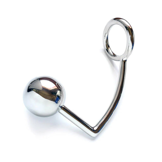 The silver stainless steel Trailer Hitch Echo is displayed against a blank background. It is a hook with an anal plug ball on the shorter end and a cock ring on the longer end.
