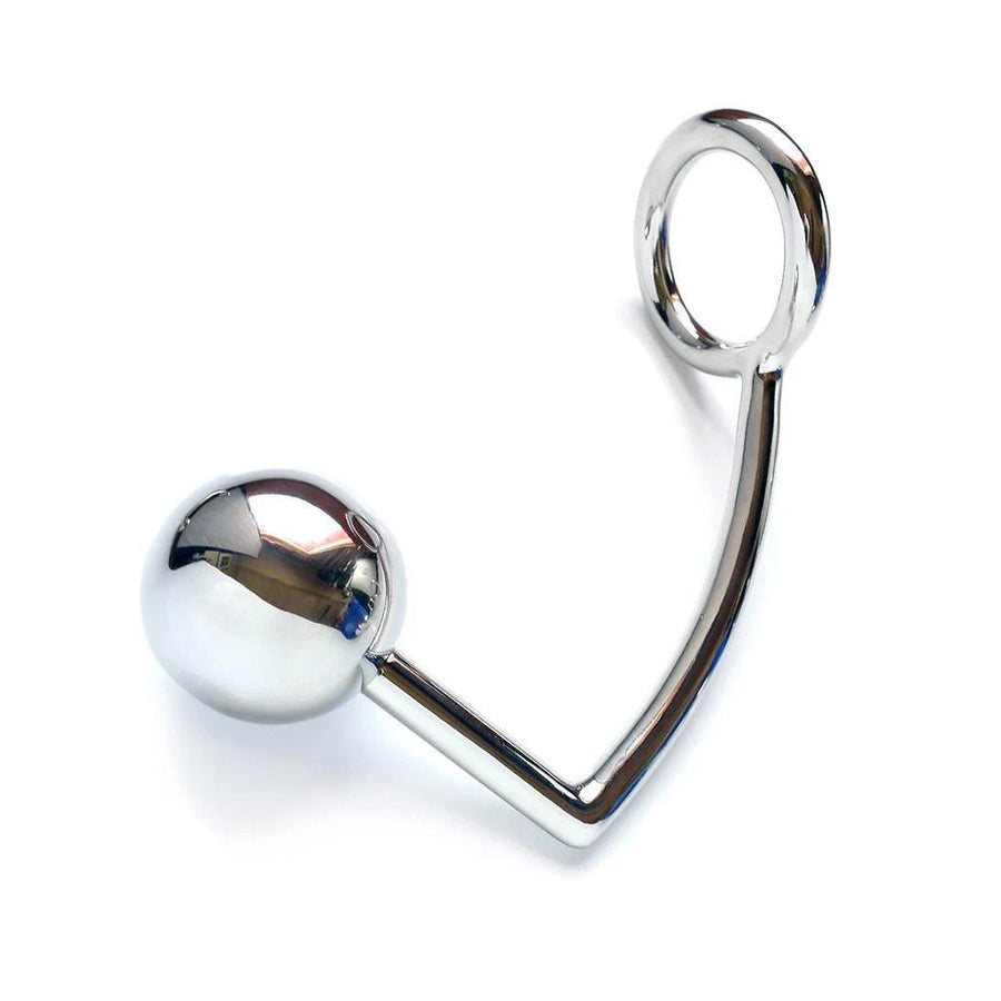 The silver stainless steel Trailer Hitch Echo is displayed against a blank background. It is a hook with an anal plug ball on the shorter end and a cock ring on the longer end.