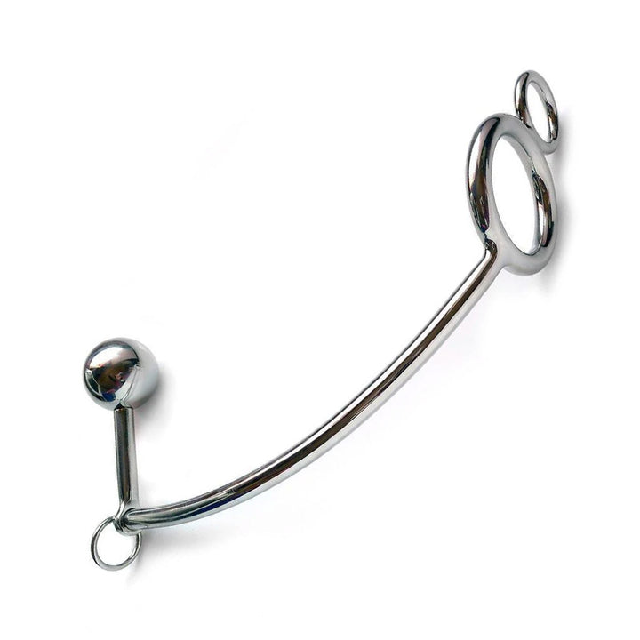 The silver stainless steel Tailgater is displayed against a blank background. It is a hook with a small ball at one end and two rings, one small and one large, at the other end. There is also a small ring at the curve of the hook.