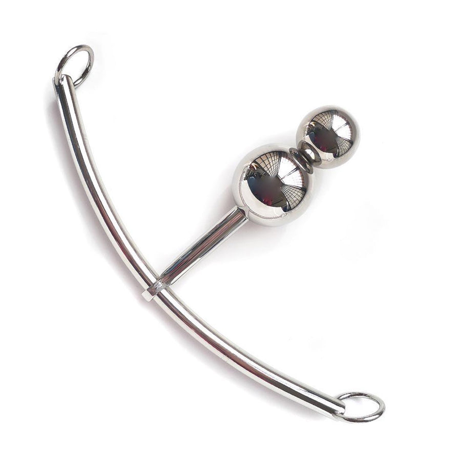 The Double Ball Anchor With A Rope Hook is displayed against a blank background. It is a slightly curved horizontal rod with rings on each end and a vertical rod with two balls on the end attached at the center.