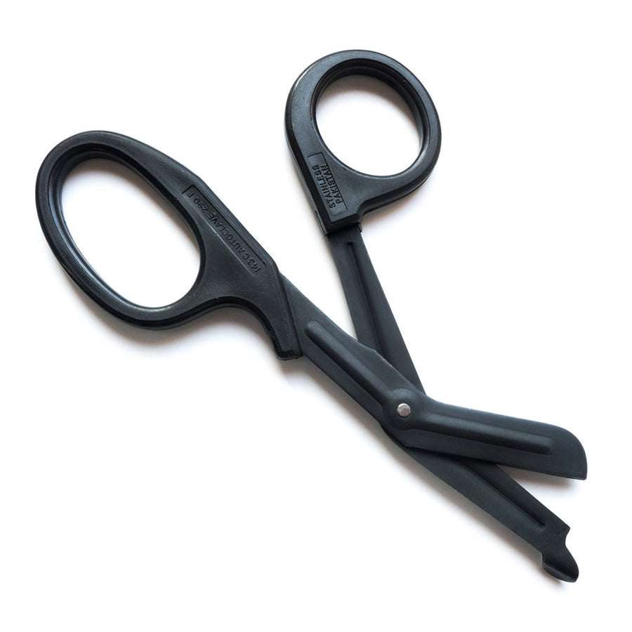 A pair of blunt-tipped Safety Scissors with a black handle and black blade is displayed against a blank background.