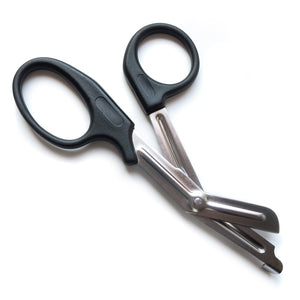 A pair of blunt-tipped Safety Scissors with a black handle and steel blade is displayed against a blank background.