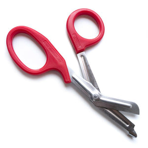 A pair of blunt-tipped Safety Scissors with a red handle and steel blade is displayed against a blank background.