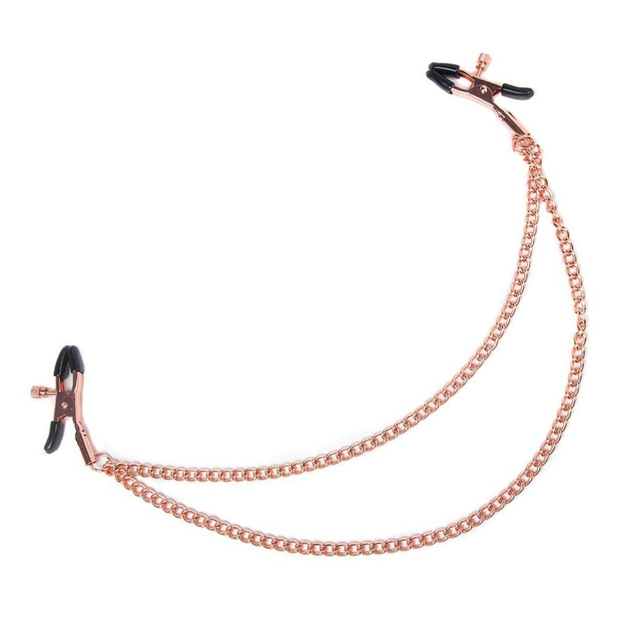 The Pink Entice Tiered Intimate clamps are displayed against a blank background. The rose gold clamps have black rubber tips and a screw to adjust the tension and are connected by two chains.