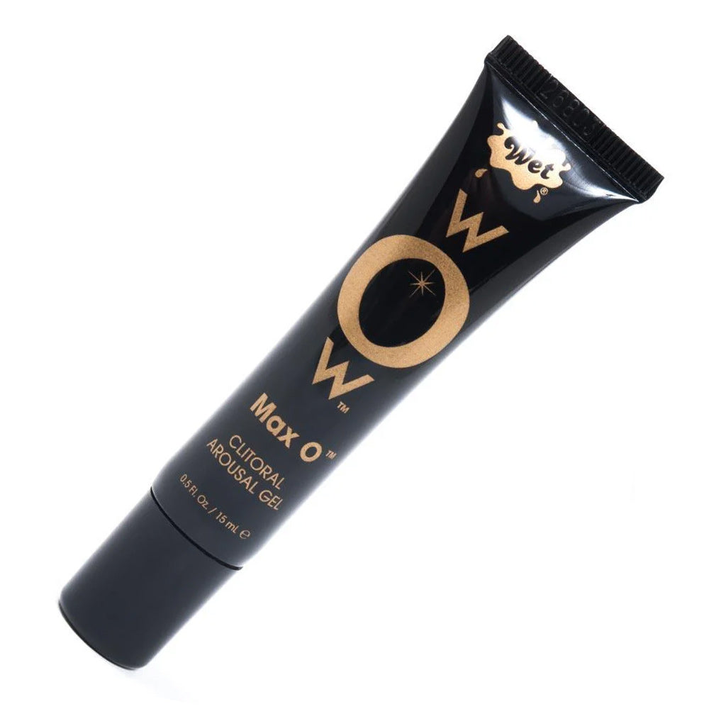 A bottle of the Wet wOw max O clitoral arousal gel is shown against a white background. 