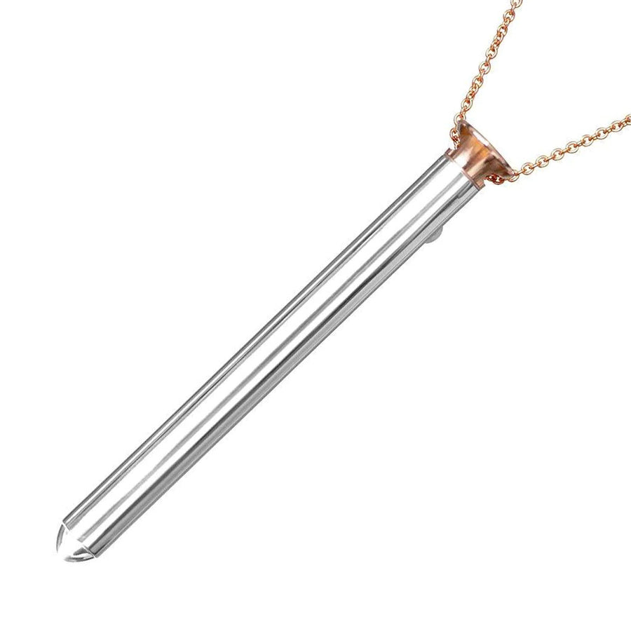 The Vesper Pendant Necklace Vibrator in Rose Gold is displayed against a blank background.