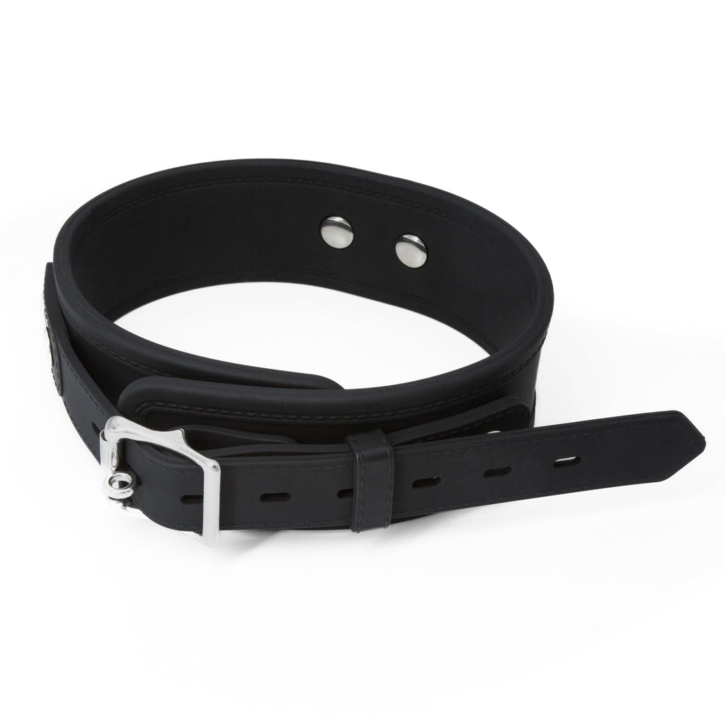 The back of the Silicone Locking Collar is displayed against a blank background, displaying the lockable metal buckle. The collar’s strap is adjustable.