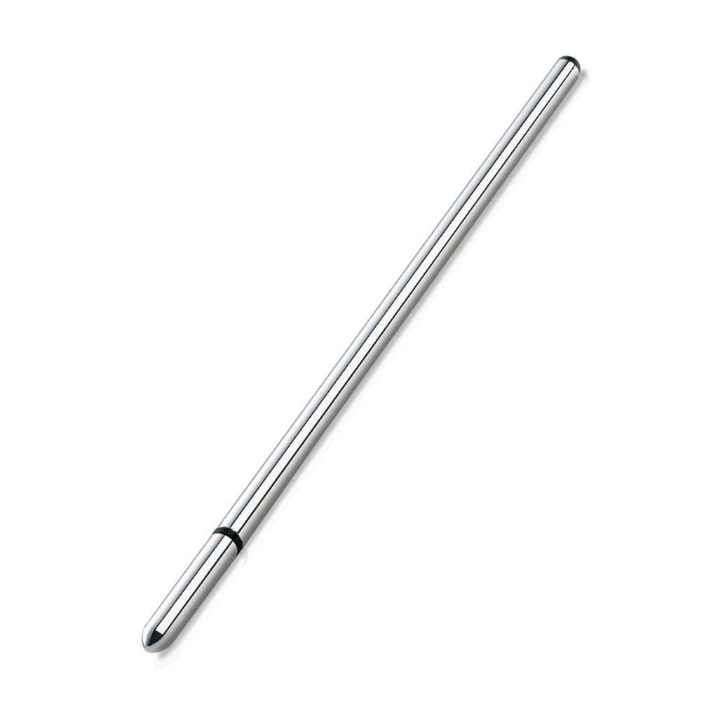 The Mystim Slim Finn Urethral Sound, a thin rod made of silver aluminum, is displayed against a blank background.