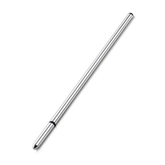 The Mystim Slim Finn Urethral Sound, a thin rod made of silver aluminum, is displayed against a blank background.