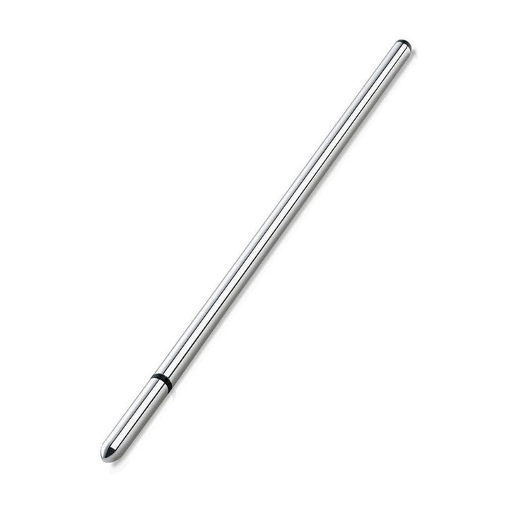 The Mystim Slim Finn Urethral Sound, a thin rod made of silver aluminum, is displayed against a blank background.