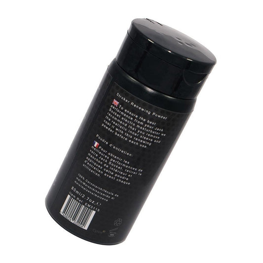 The Electrastim Renewing Powder For Tpe "Jack Socket" Sleeves is displayed against a blank background. It is a black plastic bottle. 