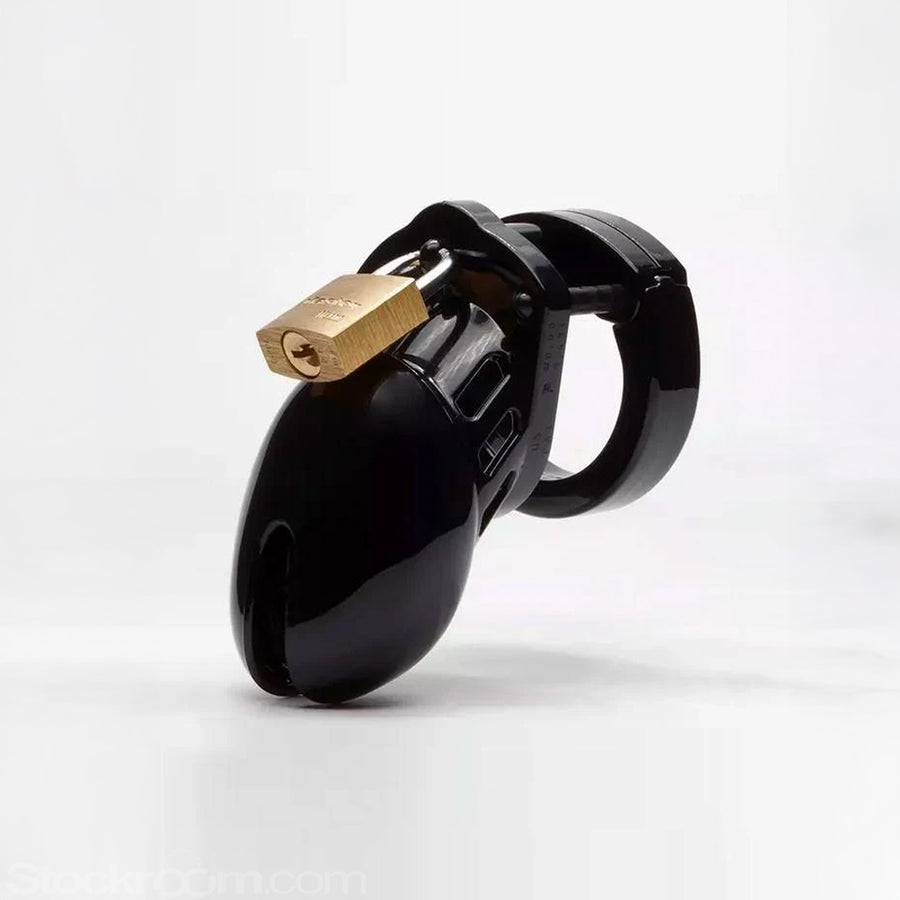 The CB-6000S Male Chastity Device in black is shown against a blank background. The chastity cage is the shape of a flaccid penis and is black and shiny, with a brass padlock on top.