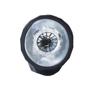 The VeDO Hummer Max Stimulation Vibrating Sleeve is shown from the top against a blank background. There is a hole in the middle of the translucent jelly material, and the interior is textured.