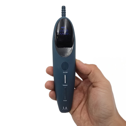 A person's hand is shown holding the Hush Pump portable electric hand pump against a white background.