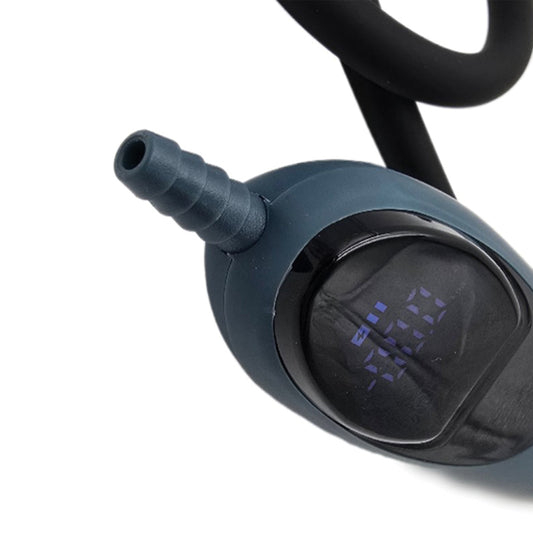 A close-up of the hush pump output it shown on a white background with the black connecting tube behind it. 