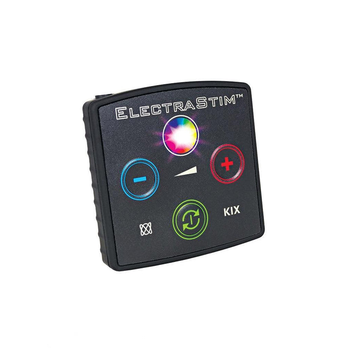 The Electrastim Kix Electrosex Stimulator is shown against a blank background. The controller is a small black square with three buttons on it and a colorful circle on top.