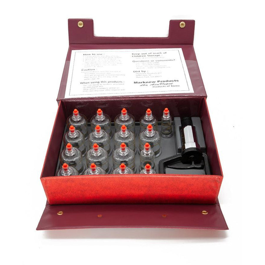 The 17-Piece Plastic Cupping Set is shown in its packaging, a red box, against a blank background.