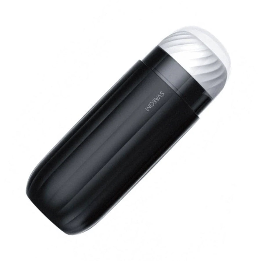 The Svakom Sam Neo Interactive Suction & Vibrating Masturbator is shown against a blank background. The masturbator is enclosed in a black case with the tip of it exposed.