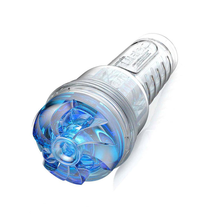 The Fleshlight Turbo Thrust Blue Ice Masturbator is shown against a blank background. The material of the fleshlight is transparent blue, and the case is clear.