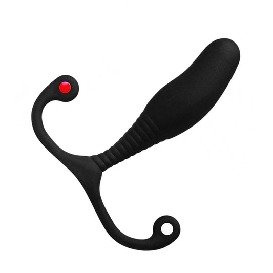 The Aneros Mgx Syn Trident Prostate Massager is shown against a blank background. The toy is black, and the neck of the toy has ridges.