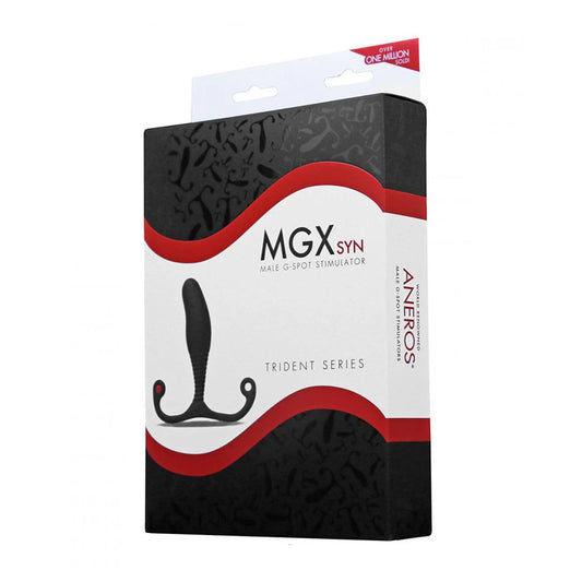 The packaging for the Aneros Mgx Syn Trident Prostate Massager is shown against a blank background.