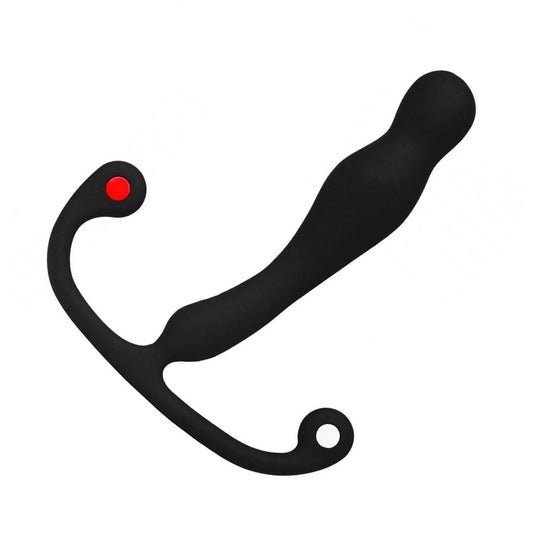The Aneros Eupho Syn Trident Prostate Massager is shown against a blank background. The toy is black and slender, with two small bumps near the tip. 