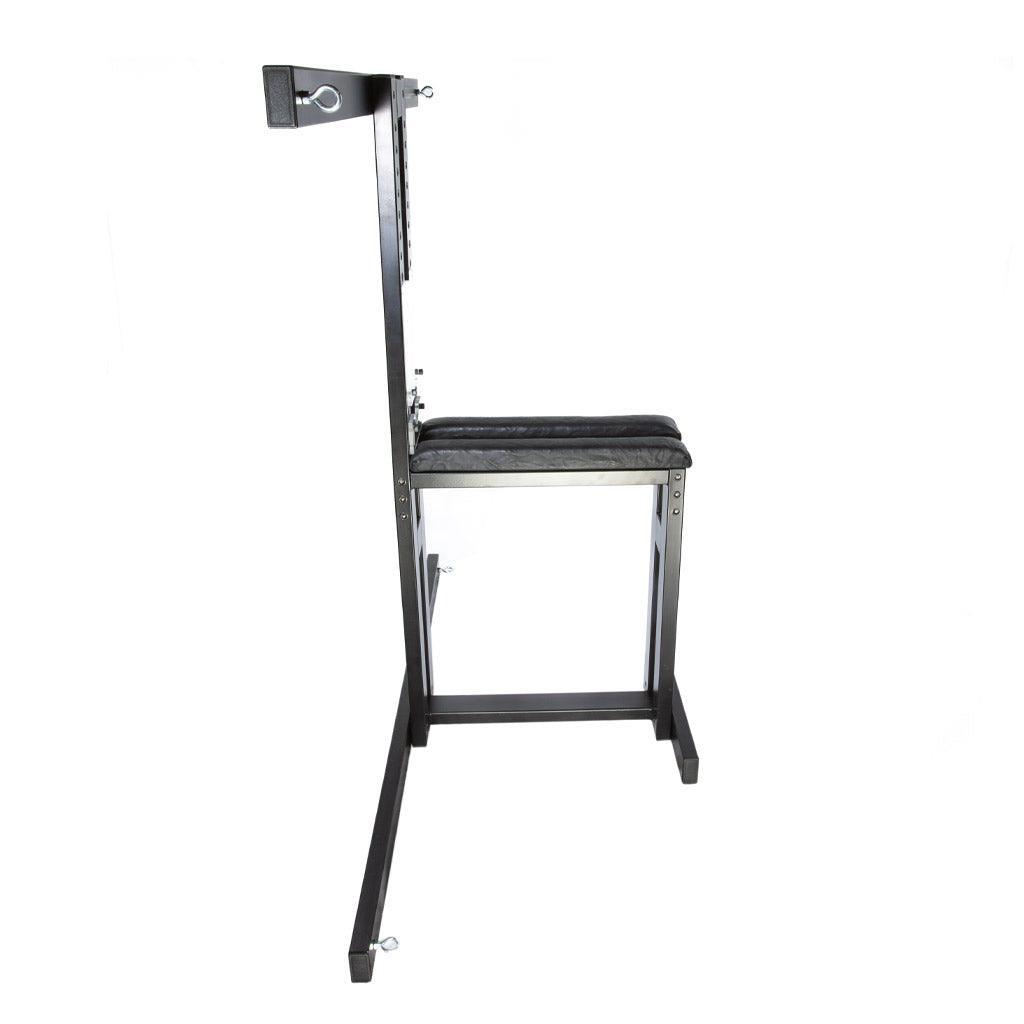 Ballistic Metal CBT Dungeon Bondage Chair, Black Leather