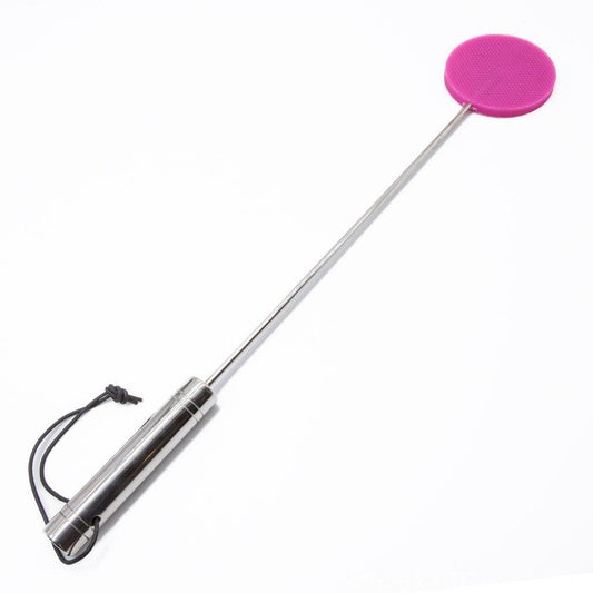 A Lolly Crop on a white background. The shaft and handle are made of steel. The end is a pink circle of silicone. 