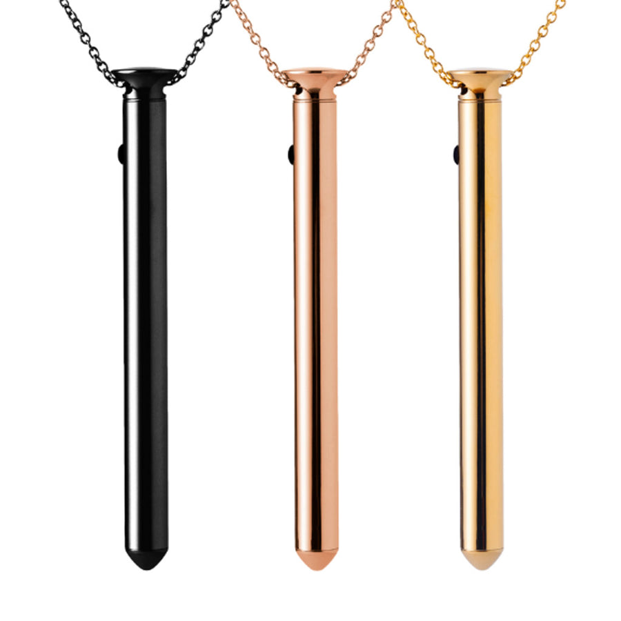 Product image of 3 vibrating metal necklaces in gold, black, and rose gold colors