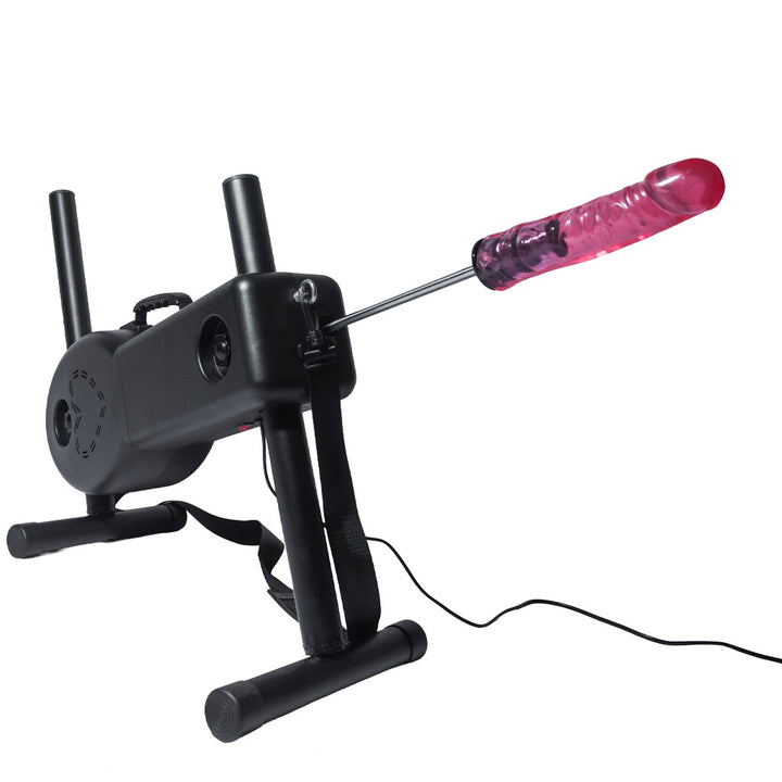 Product shot of the Shredder Fuck Machine against a white background. The machine is at an upright angle on its T-Legs, with a pink dildo on the end of the shaft. 