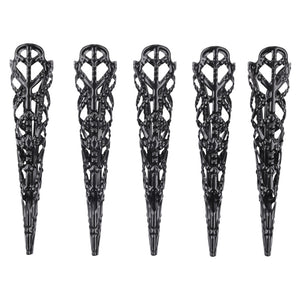 5 Metal finger tips, with ornate designs and coming to a sharp point at the end. 