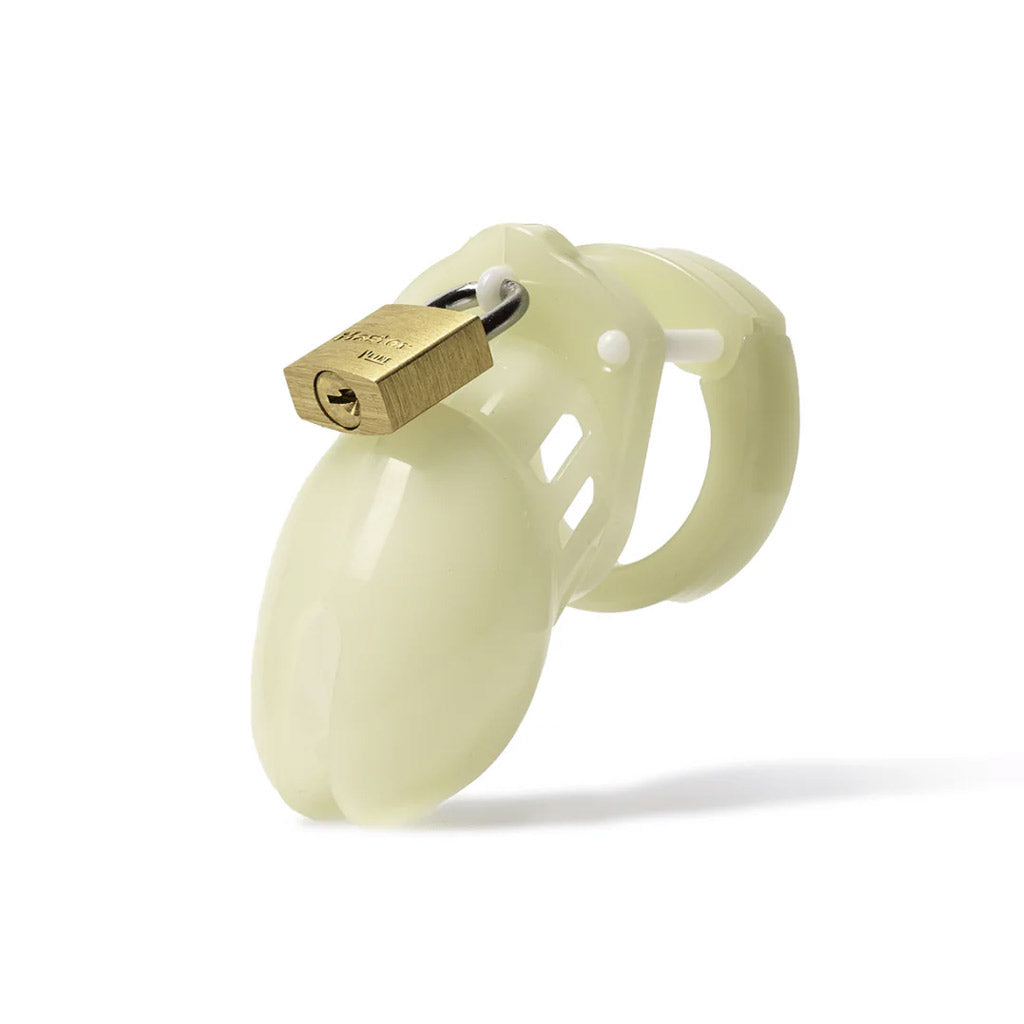 The CBX-6000S chastity cage against a white background. The cage is made of white ABS plastic with a bronze padlock on top of the shaft. 