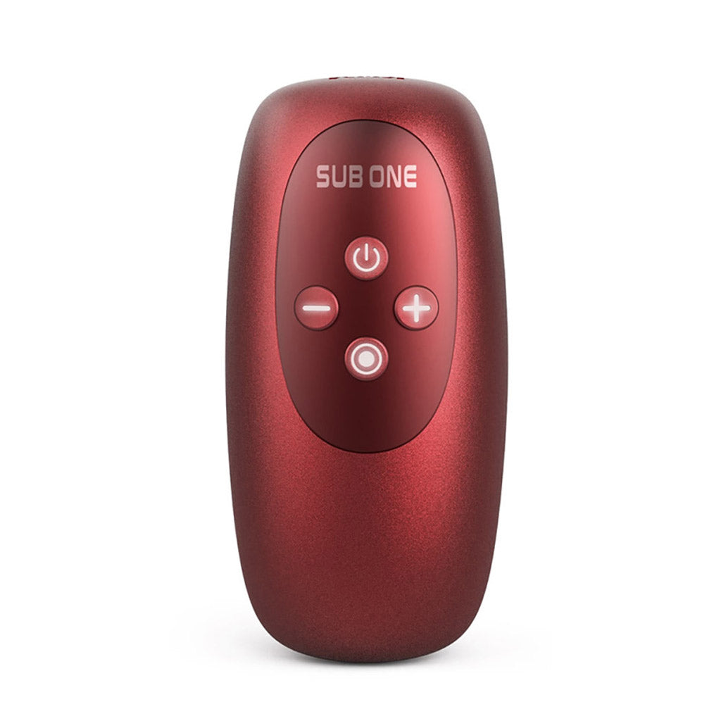 The Sub One vibrator in a red model, showing the top side with four control buttons. 