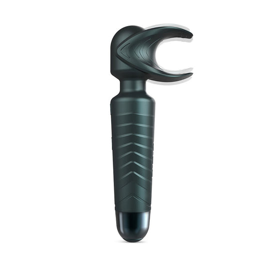 Full shot of the Man.Wan Evo Vibrator on a white background. The curved wings at the tip are slightly blurred to show vibration movement. 