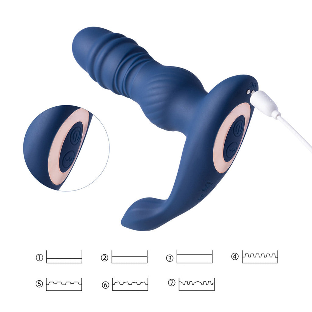 Blue model of the Jaden Thrust prostate massager facing away from the camera, with a white cable extended towards the charging port. At the bottom, seven diagrams illustrate the different vibration patterns. 