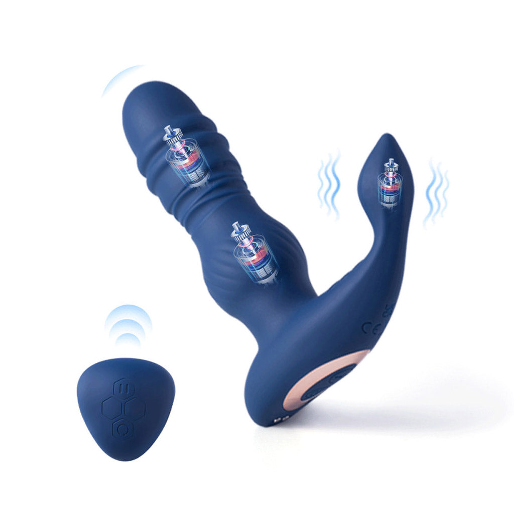 Blue model of the Jaden Thrust prostate massager with illustrations of the three motors inside. The handheld remote is on the left. 