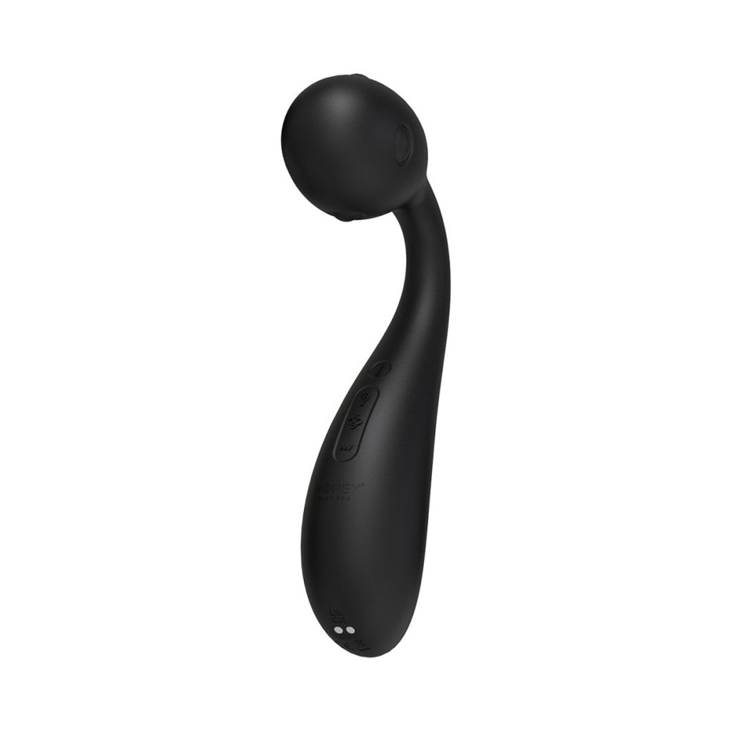 The Honey Play Box Aira personal vibrator tilted at a side angle to show the head when inflated. 