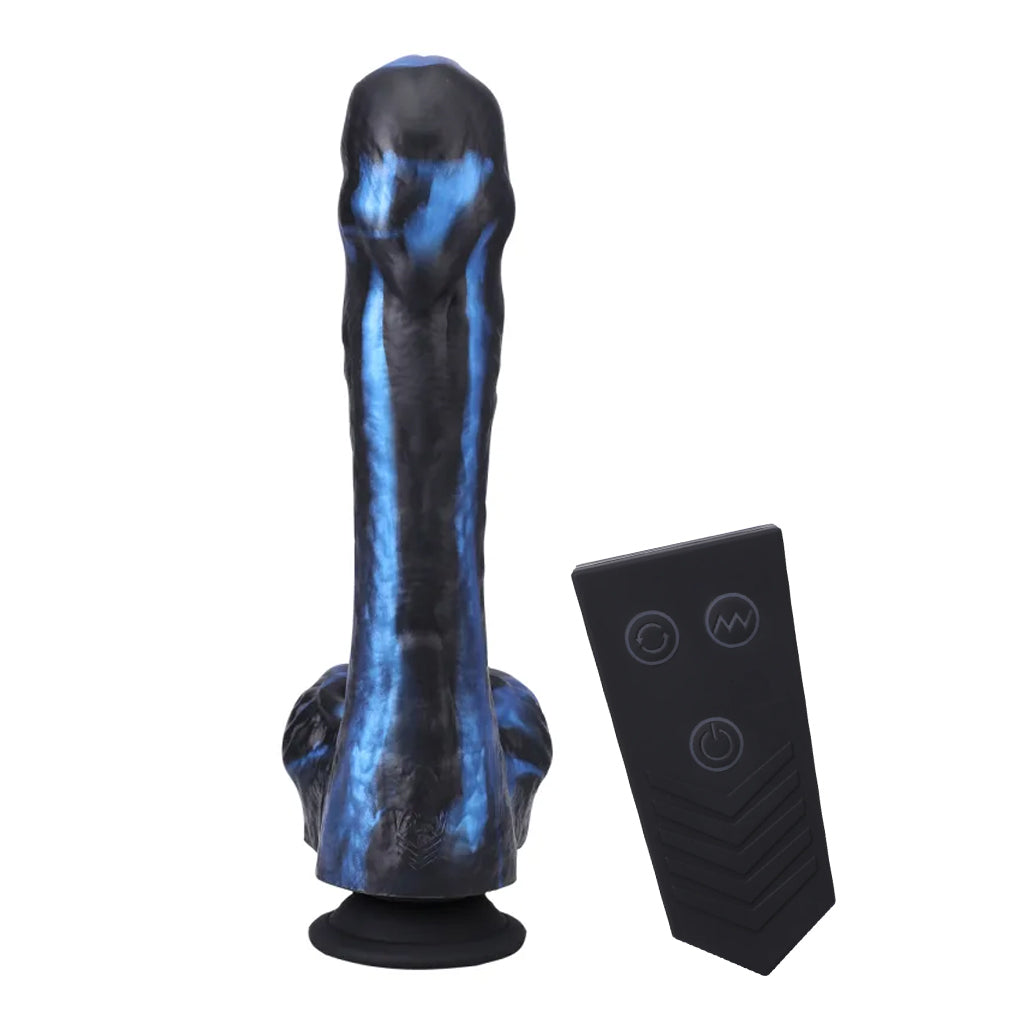 Blue and black toy with remote control on a white background