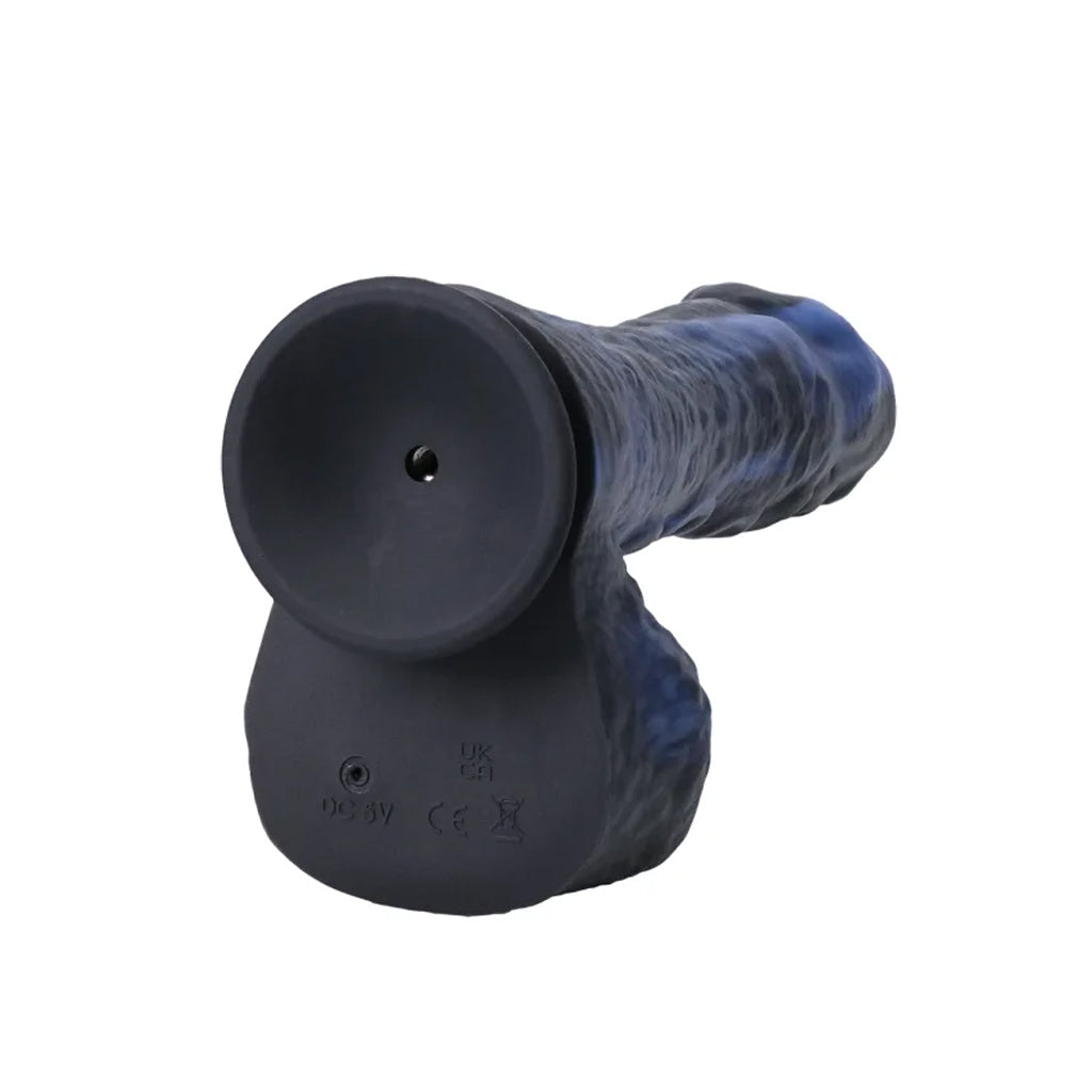 Black and blue rubber duck on a white background